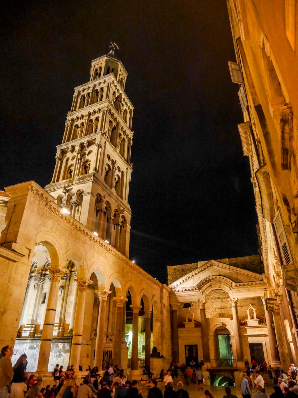 peristyle and tower in split at night diocletian's palace croatia
