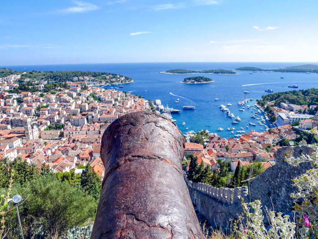 view from spanish fort with canon hvar town hvar croatia