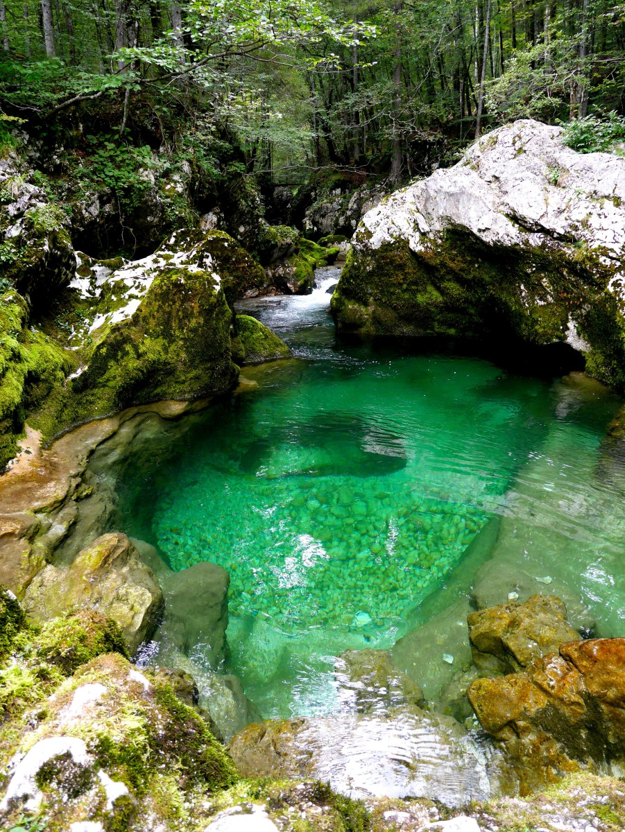 Slightly less deep part of Mostnica Gorge, with gorgeous pools and green colour water, Bohinj region, Slovenia | Laugh Travel Eat