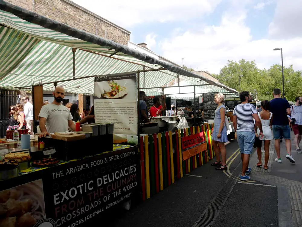 Street food stores along Broadway Market, East London, UK | Laugh Travel Eat