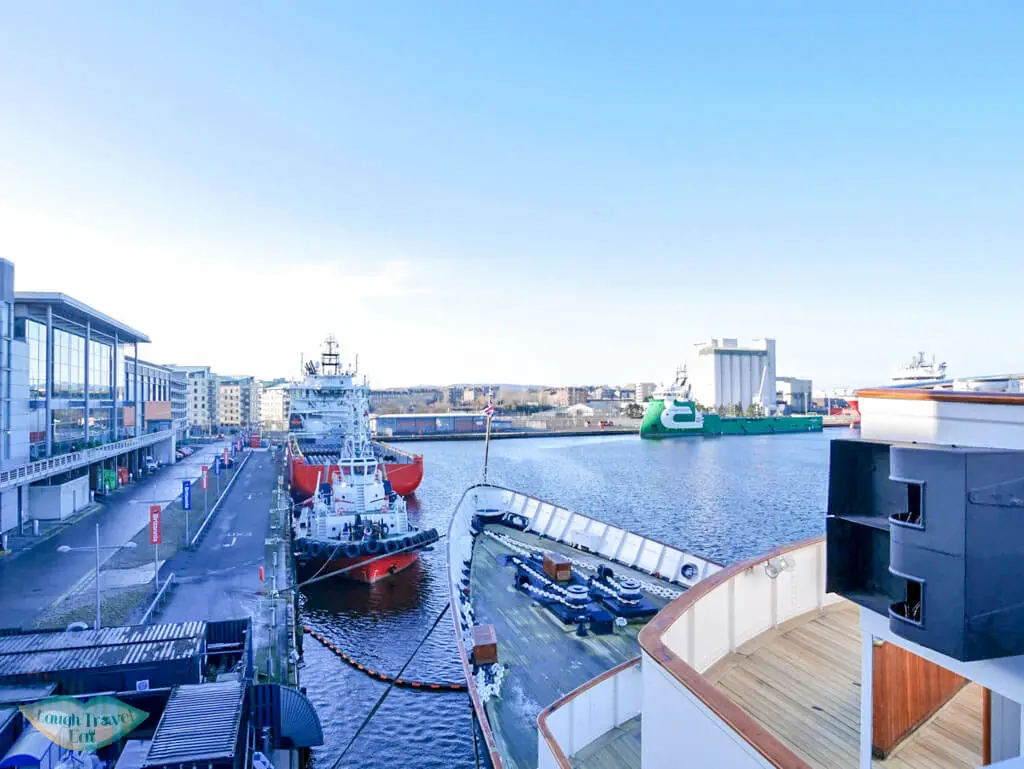 On board Brittania looking out in Edinburgh, Scotland - Laugh Travel Eat