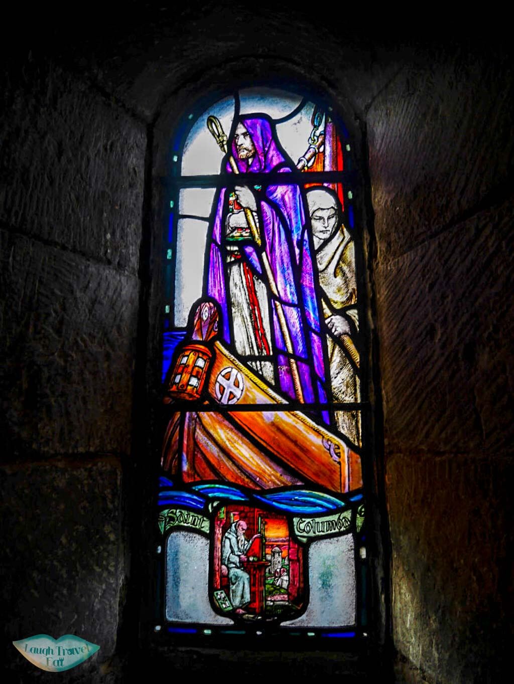 Stain glass window inside St. Margaret's Chapel depicting a saint edinburgh Laugh Travel Eat