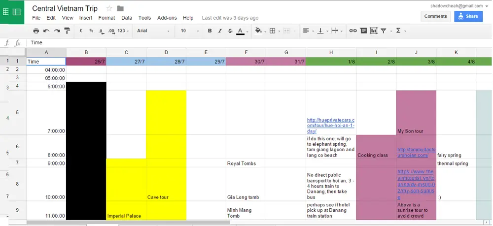 Google sheeet detailed itinerary travel plan | Laugh Travel Eat