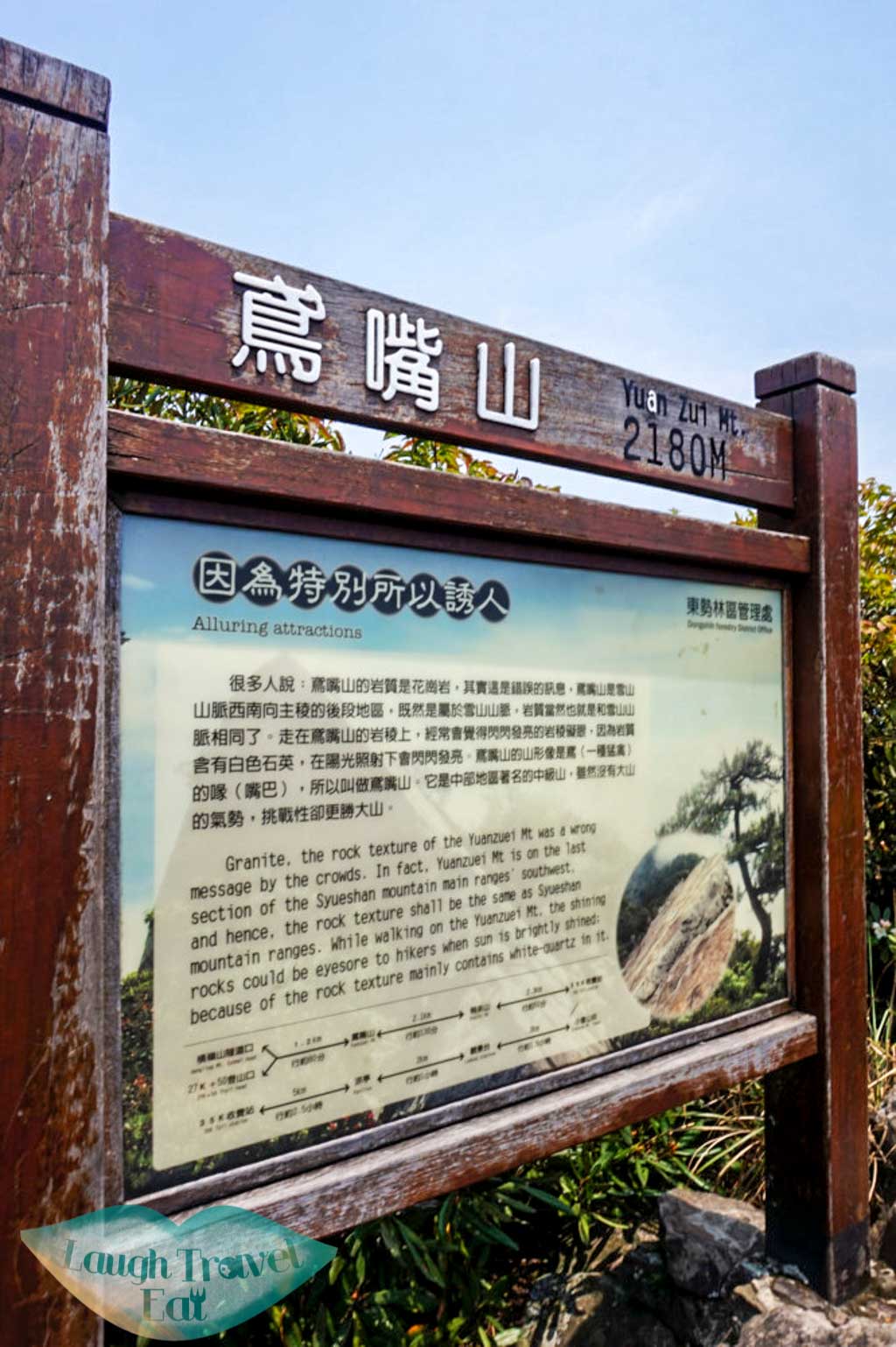 Notice board with information of Yuan Zui Mountain in Dasyueshan National Forest Recreational Area, Taichung - Laugh Travel Eat