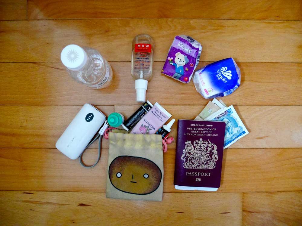 5 things that should be in your travel day bag flat lay | Laugh Travel Eat