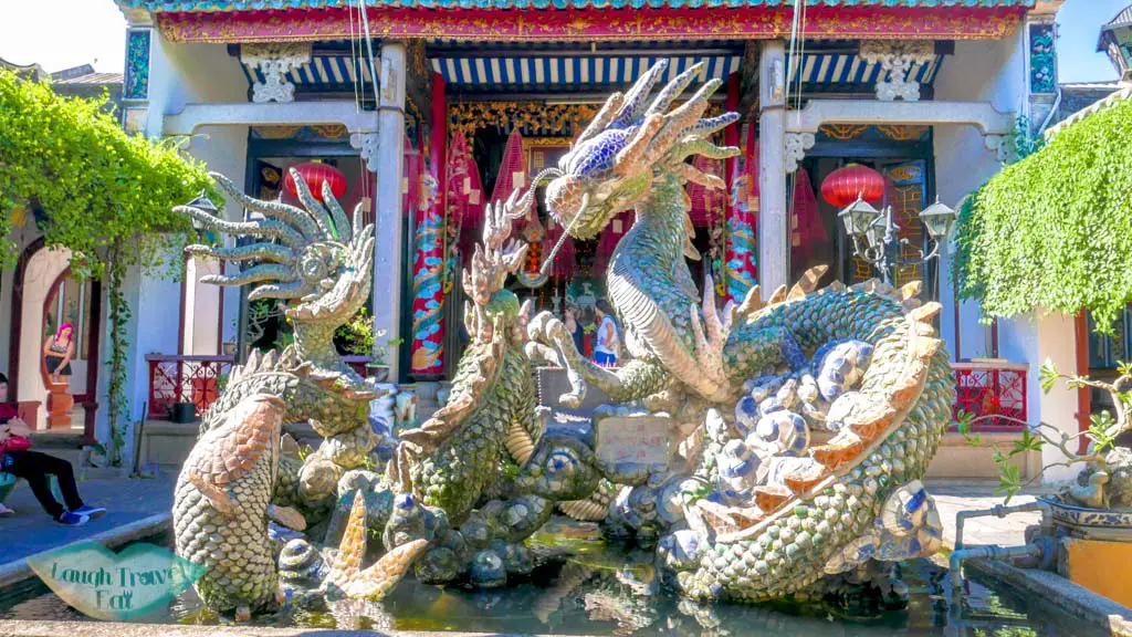 dragon satues in fountain, Quang Trieu Assembly Hall, Hoi An, Vietnam - Laugh Travel Eat
