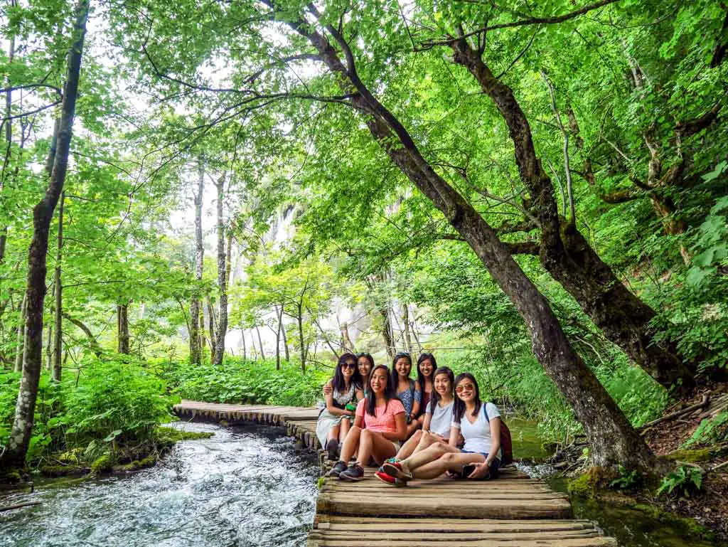 grou photo on the wooden path plitvice national park crotaia