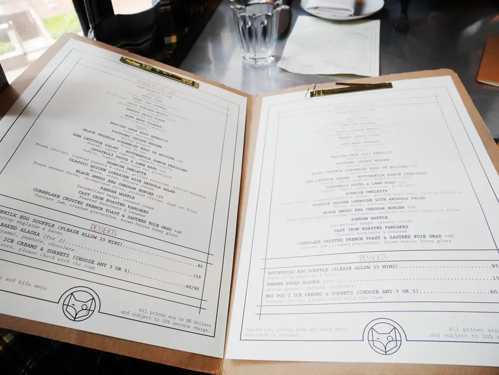 Mrs and Mrs Fox brunch Menu