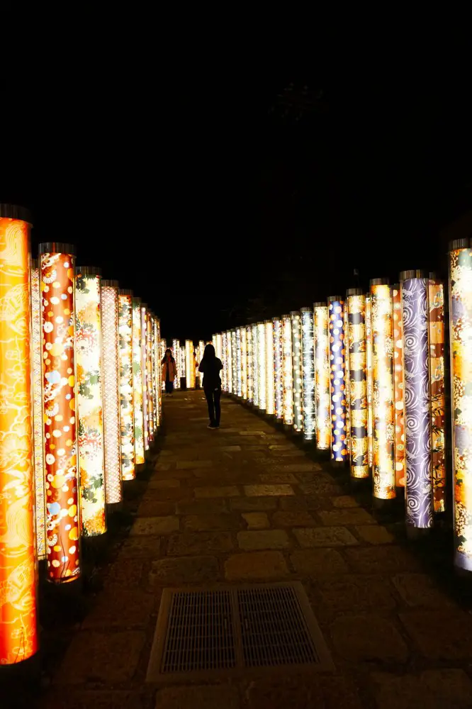 Kimono Forest at night at JR Arashiyama station, Arashiyama, Kyoto, Japan | Laugh Travel Eat