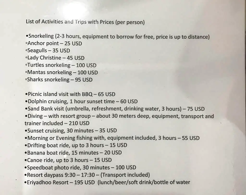 activity list with price from Mirian Sky, taken in March, 2017, Gaafaru, Maldives | Laugh Travel Eat