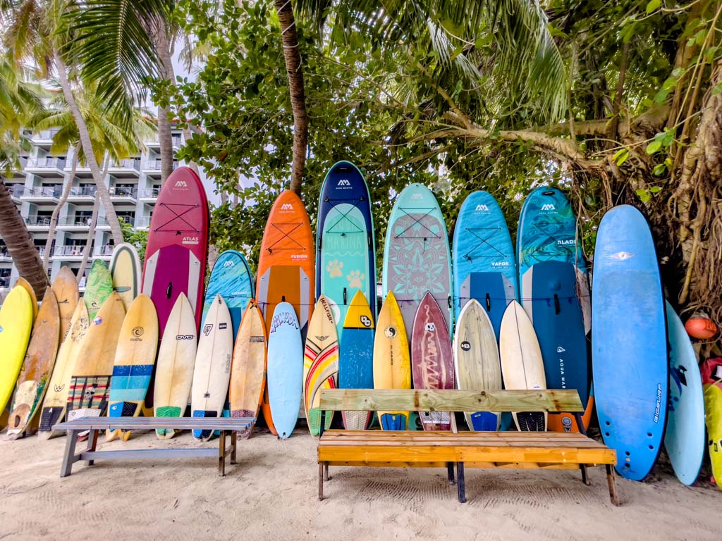 surfboard backdrop maafushi Maldives - laugh travel eat