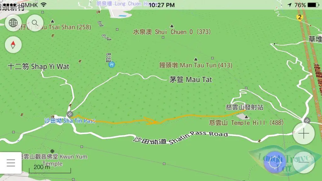 A screen capture of the route (mark in orange) from Shatin Pass to Tsz Wan Shan (from OSMAnd) | Laugh Travel Eat