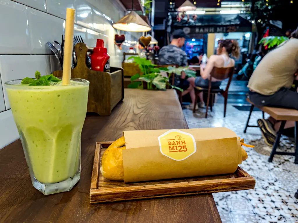 avocado milkshare and banh mi banh mi 25 Hanoi Vietnam - laugh travel eat