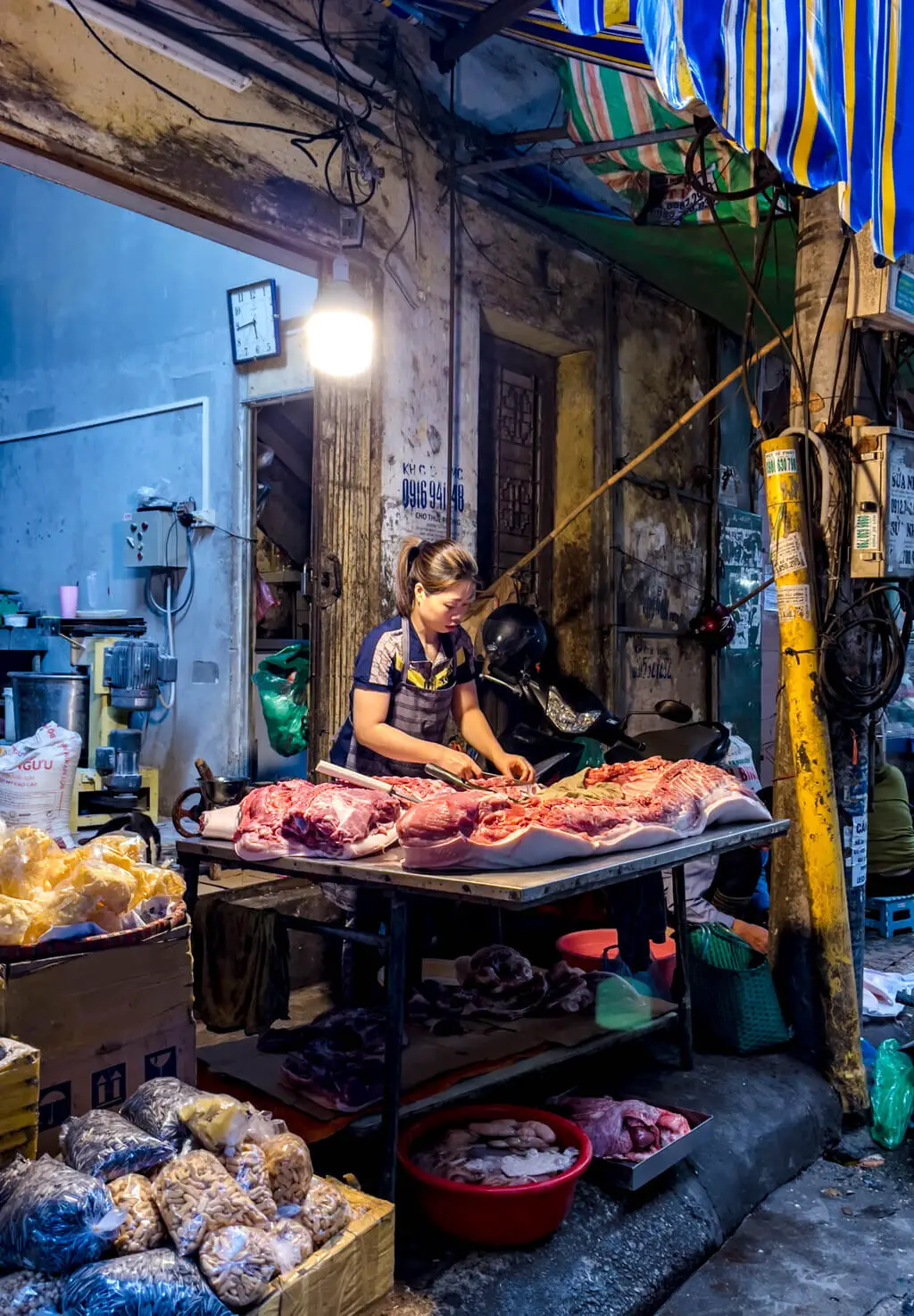 local lady selling meat a chef's tour Hanoi Vietnam - laugh travel eat