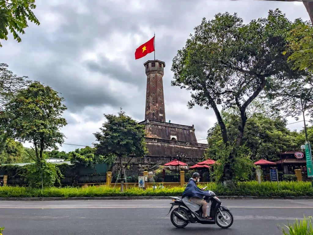 motorbike in front of hanoi flag tower hanoi Vietnam - laugh travel eat