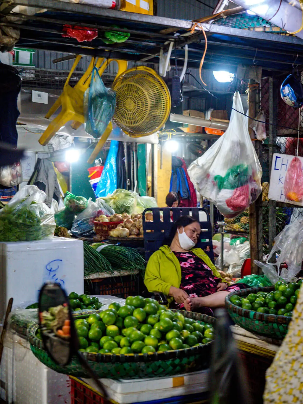 sleeping lady selling vegetable wholesale market a chef's tour Hanoi Vietnam - laugh travel eat