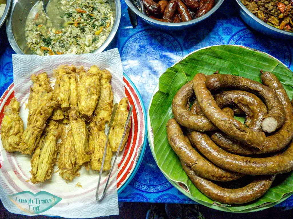 fried bamboo and pork sausage at local market