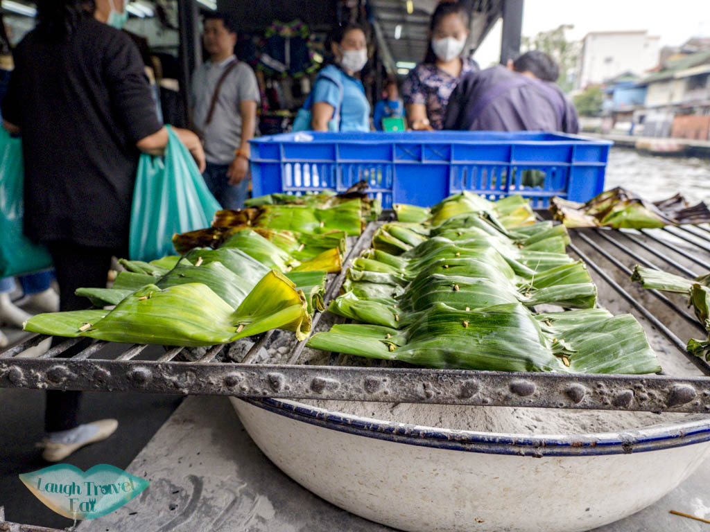 banana leave sticy rice snack bangkok thailand - laugh travel eat