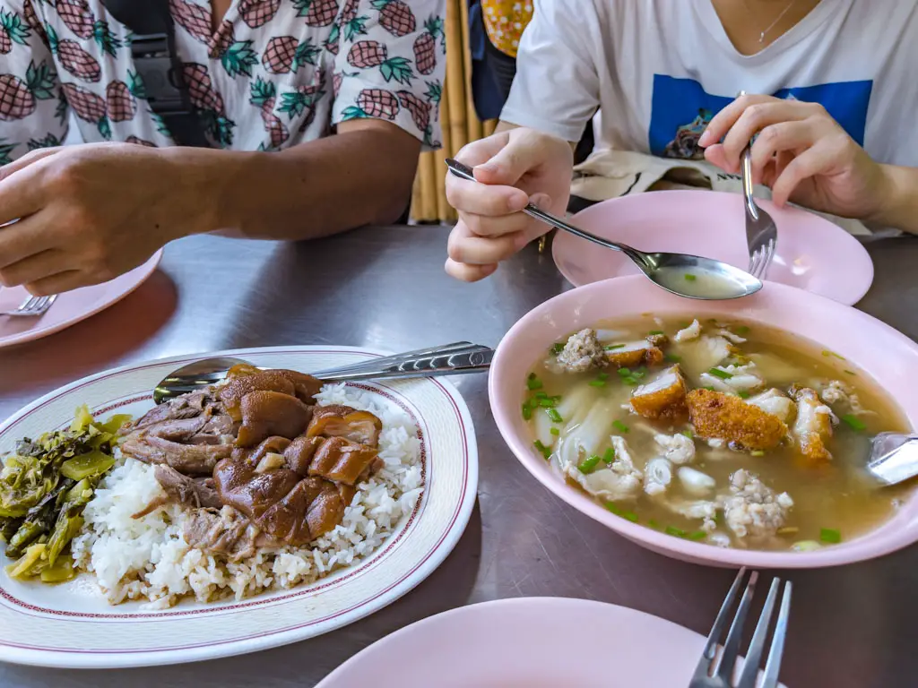 pork knuckle rice and Nai Ek Roll Noodle bangkok chinatown thailand - laugh travel eat
