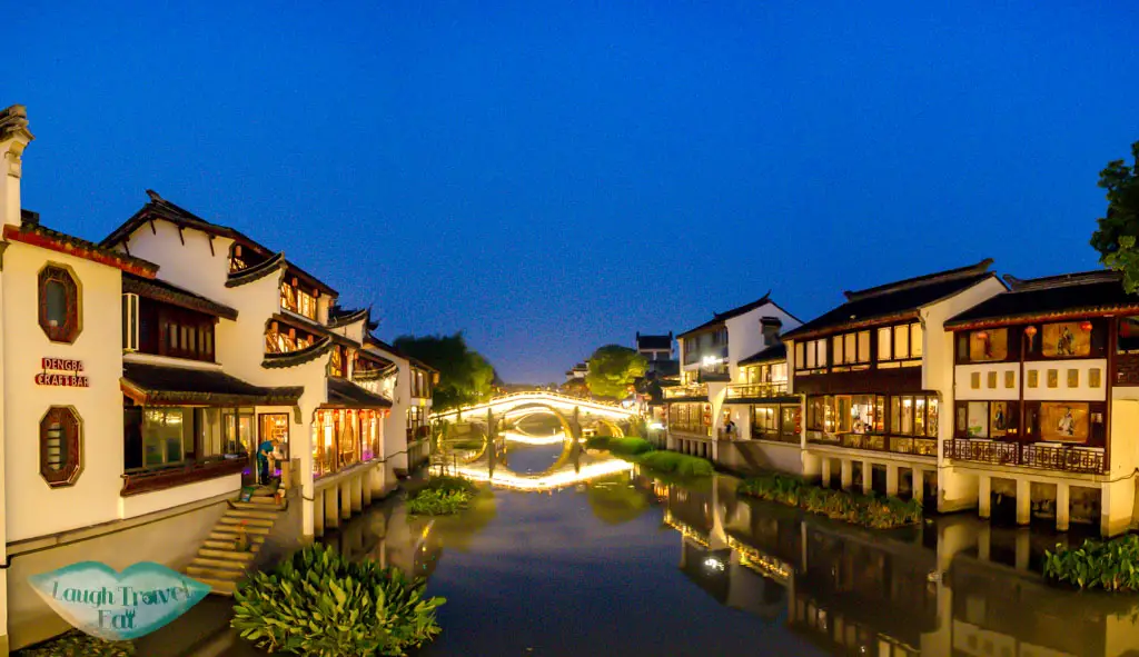 night time panorama qibao ancient town shanghai china
