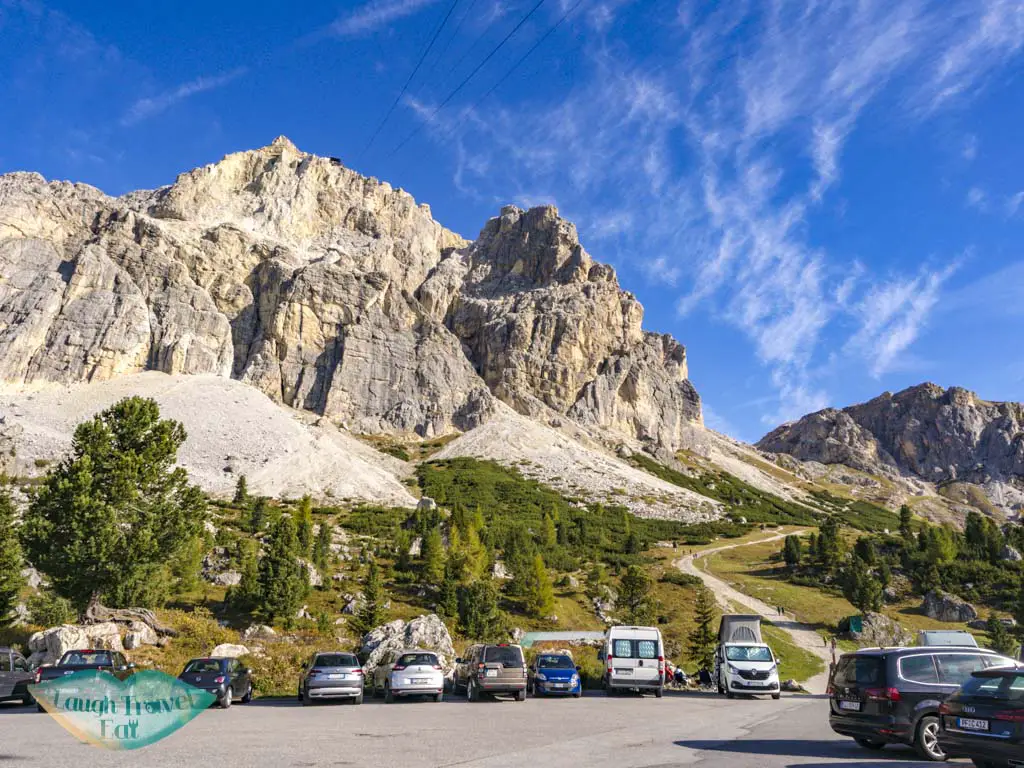 car park and hiking trail up lagazuoi cortina d'ampezzo italy - laugh travel eat