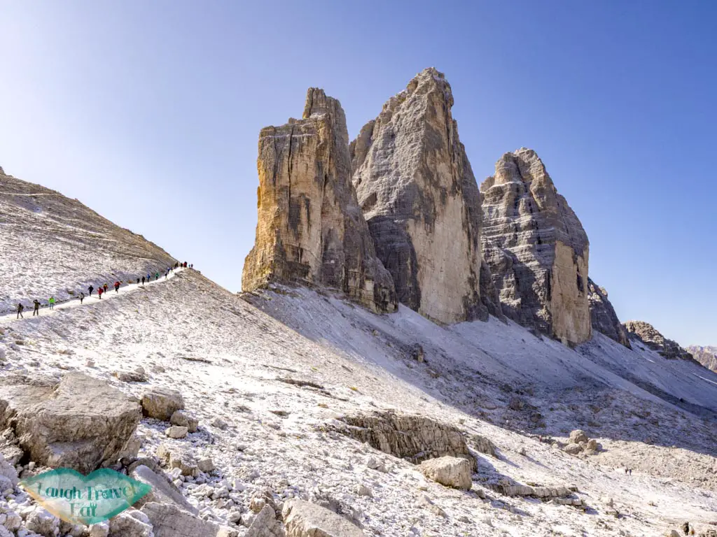 going down tre cime di lavorado dolomites italy - laugh travel eat