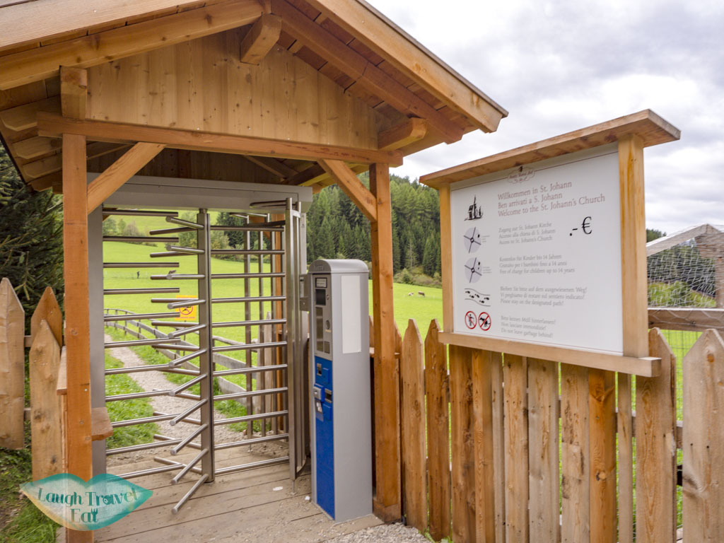 ticket barrier Chiesetta di San Giovanni in Ranui dolomites italy - laugh travel eat