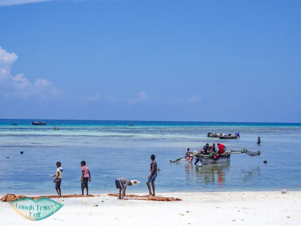 life on beach low tide nungwi zanzibar tanzania - laugh travel eat