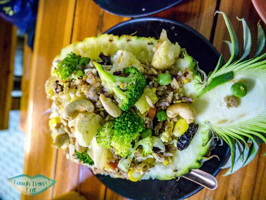 pineapple fried rice cooking love restaurant chiang mai thailand - laugh travel eat