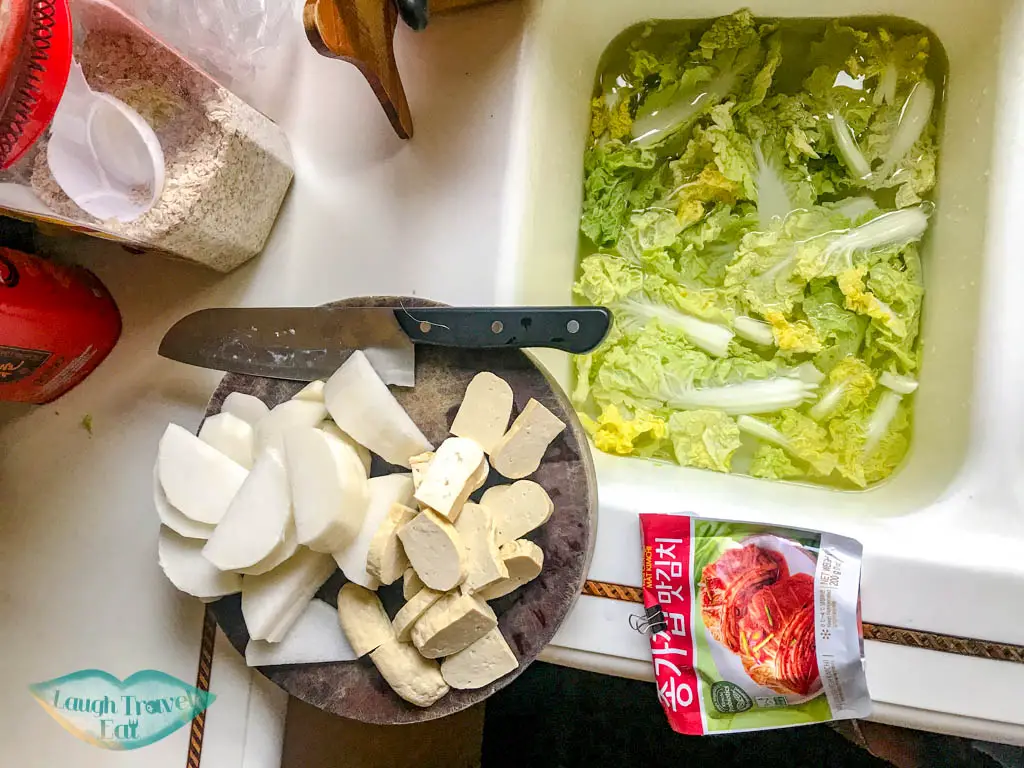 ingredients for kimchi tofu broth korean food recipe - laugh travel eat