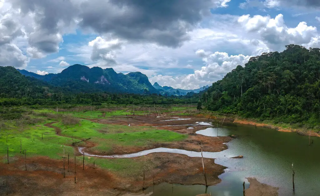 drone view chiew larn lake km99 hike khao sok national park surat thani thailand - laugh travel eat