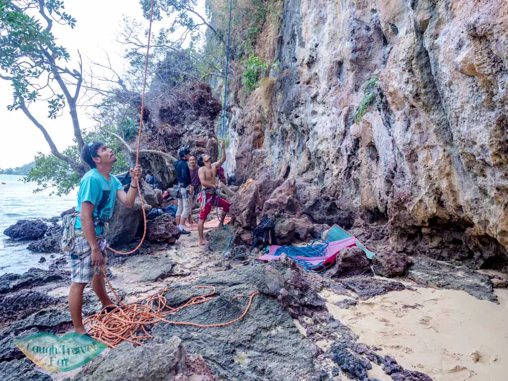 rock climbing set up railay east krabi thailand - laugh travel eat