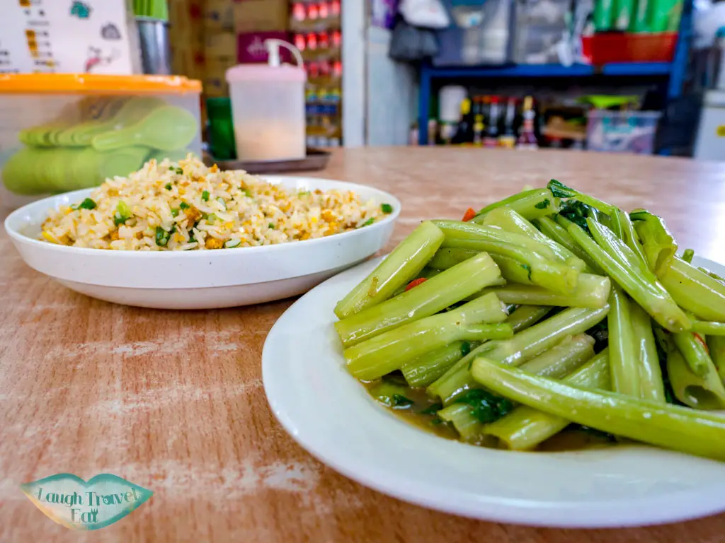 sea urchin fried rice and shrimp paste morning glory grass island sai kung hong kong - laugh travel eat