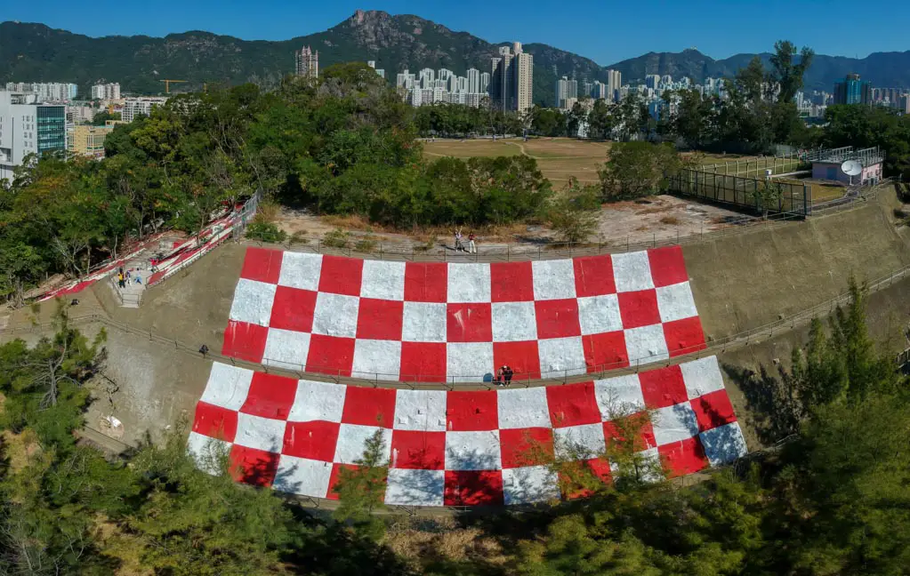 Drone shot of Checkerboard Hill between Kowloon Tsai Park and Lok Fu Park.