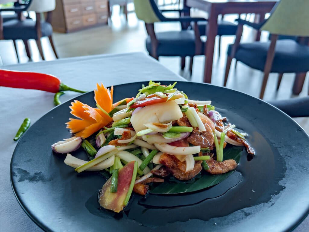 shrimp salad second course latitude 98 wyndham grand phuket kalim bay phuket thailand - laugh travel eat