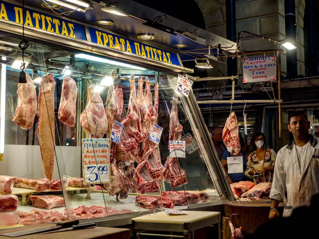 meat at central market athens food adventure tour athens greece - laugh travel eat
