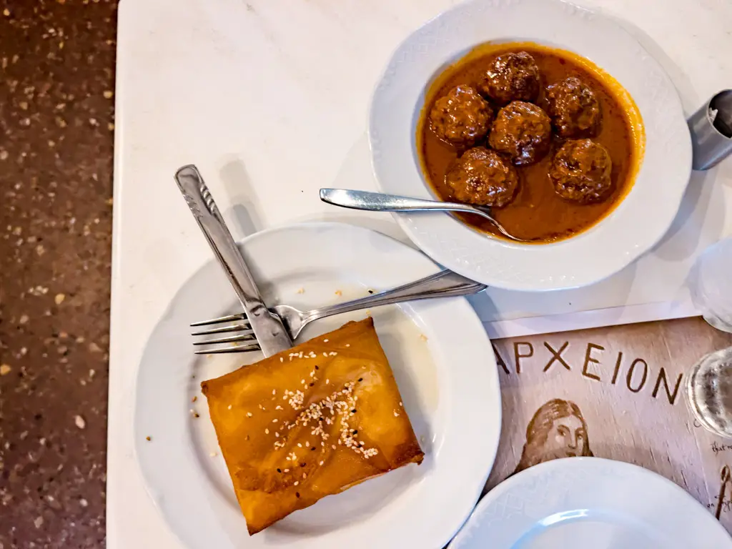 meatballs and starter Restaurant Scholarhio athens greece - laugh travel eat