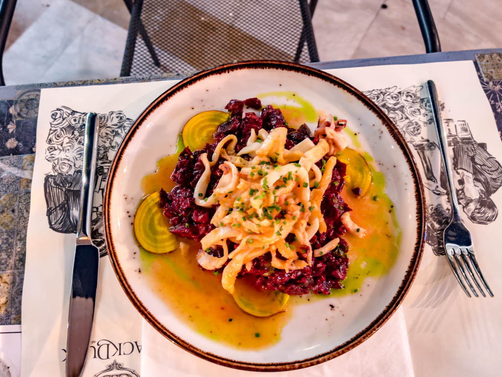 squid and beetroot black duck restaurant athens greece - laugh travel eat