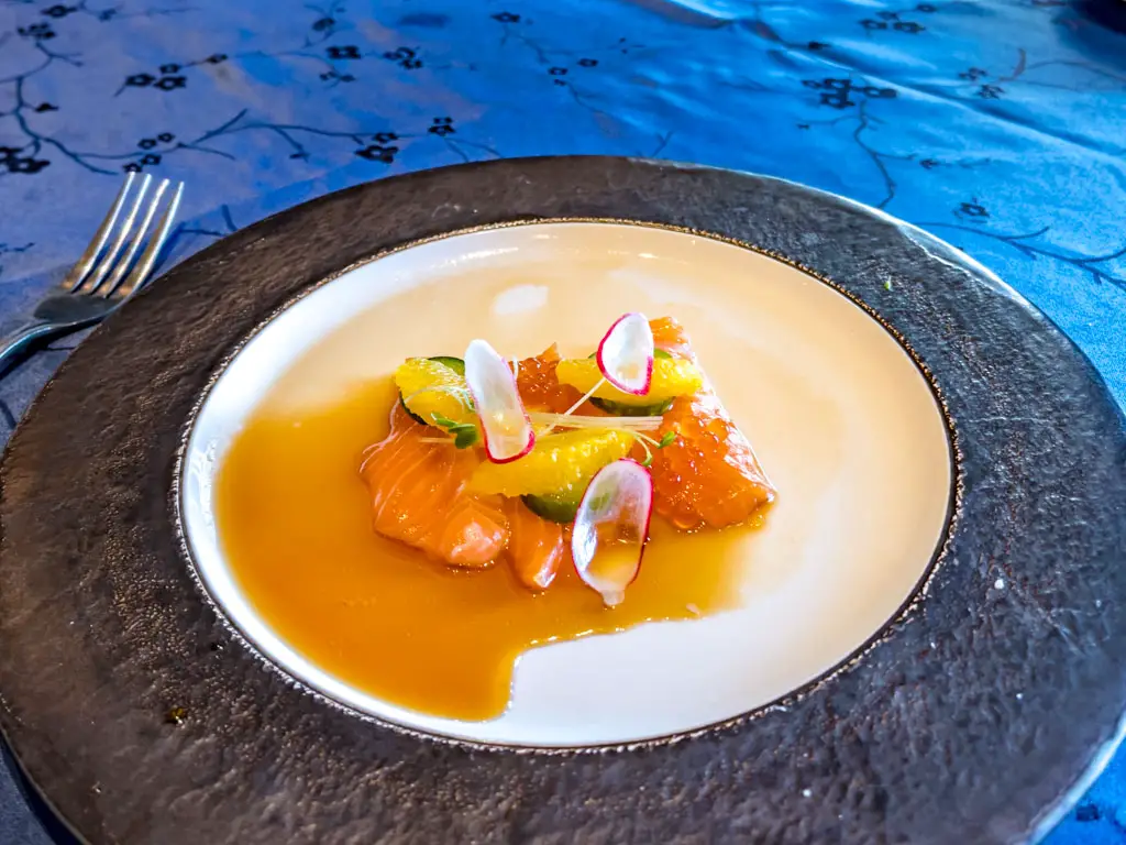 salmon starter indigo restaurant blue mansion cheong fatt tsz penang malaysia - laugh travel eat