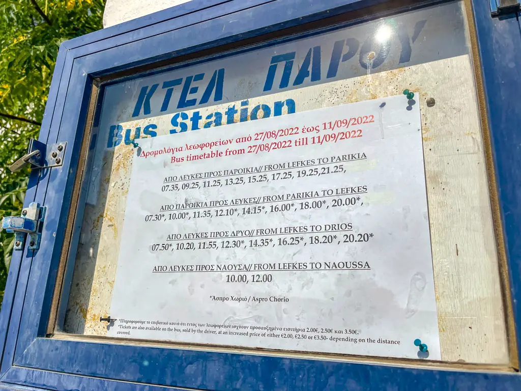 bus timetable lefkes Paros greece - laugh travel eat