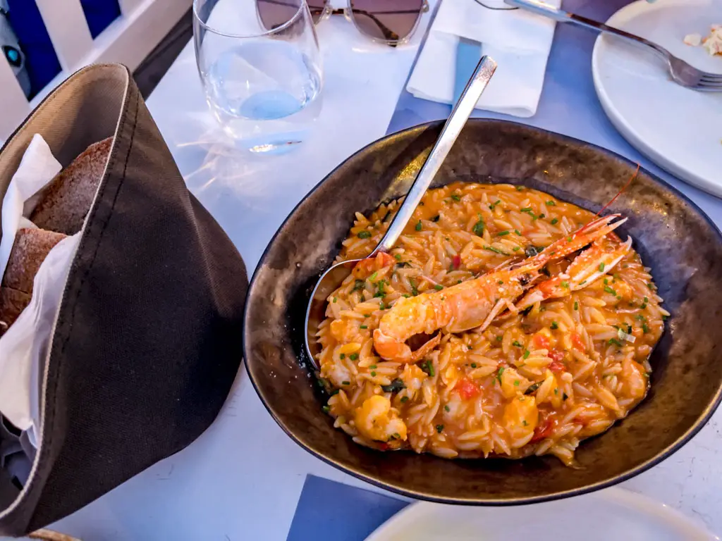 crayfish orzo pasta Sigi Ikthios naoussa Paros greece - laugh travel eat