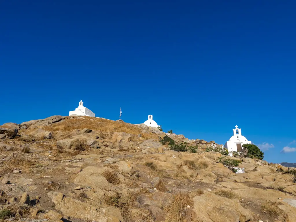 the three churches above Panagia Germiotissa chora village ios island greece - laugh travel eat