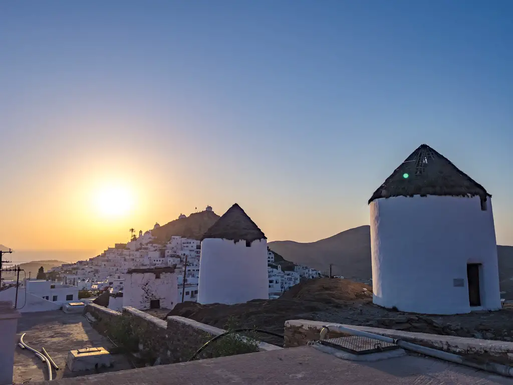 windmills near chora village ios island greece - laugh travel eat