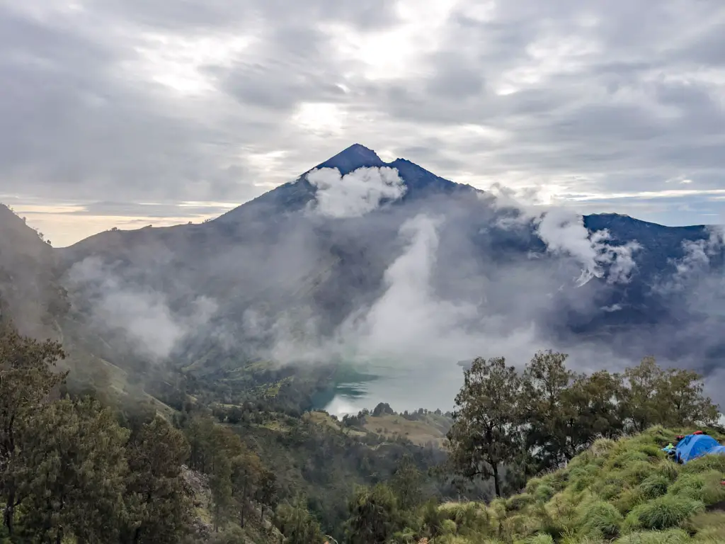 morning crater lake view senaru route campsite mount rinjani trek lombok indonesia - laugh travel eat