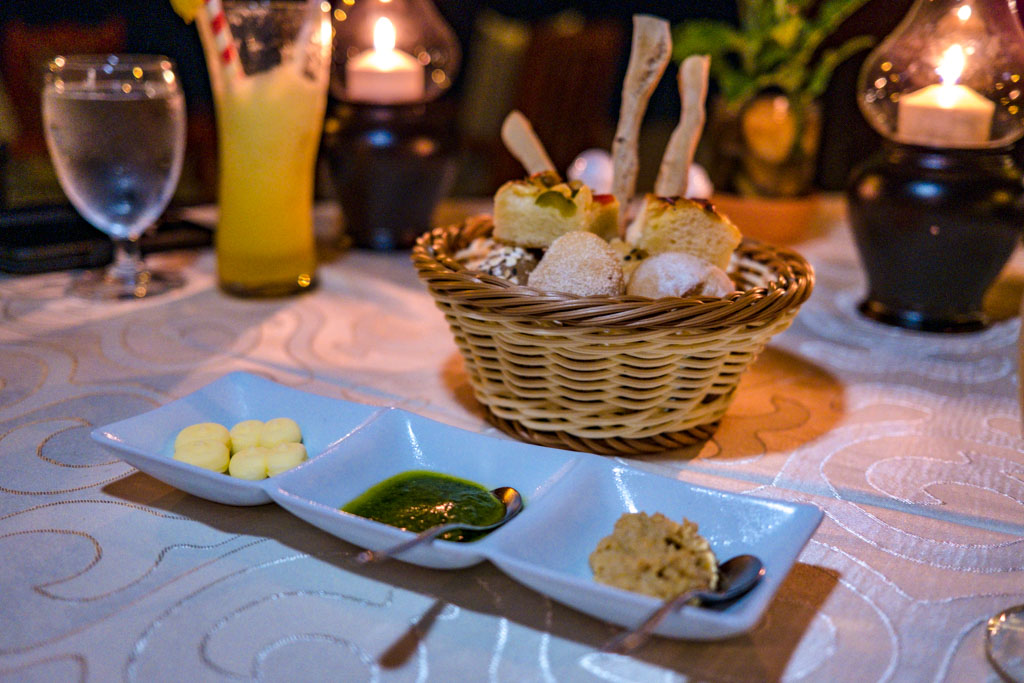 bread basket and dips Raabondhi Restaurant Royal Island Resort Baa Atoll Maldives - laugh travel eat