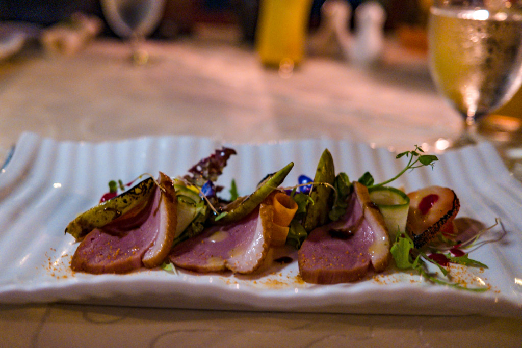 duck and fig salad Raabondhi Restaurant Royal Island Resort Baa Atoll Maldives - laugh travel eat