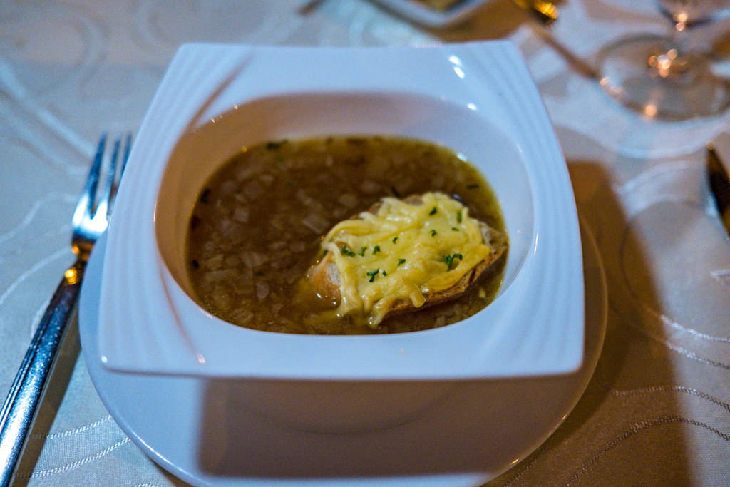 french onion soup Raabondhi Restaurant Royal Island Resort Baa Atoll Maldives - laugh travel eat