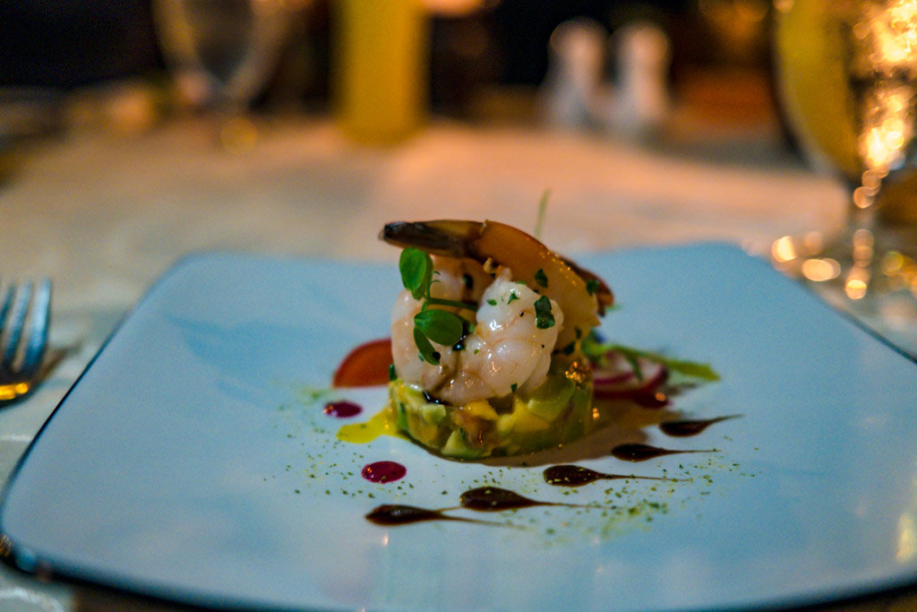 prawn and avocado starter Raabondhi Restaurant Royal Island Resort Baa Atoll Maldives - laugh travel eat