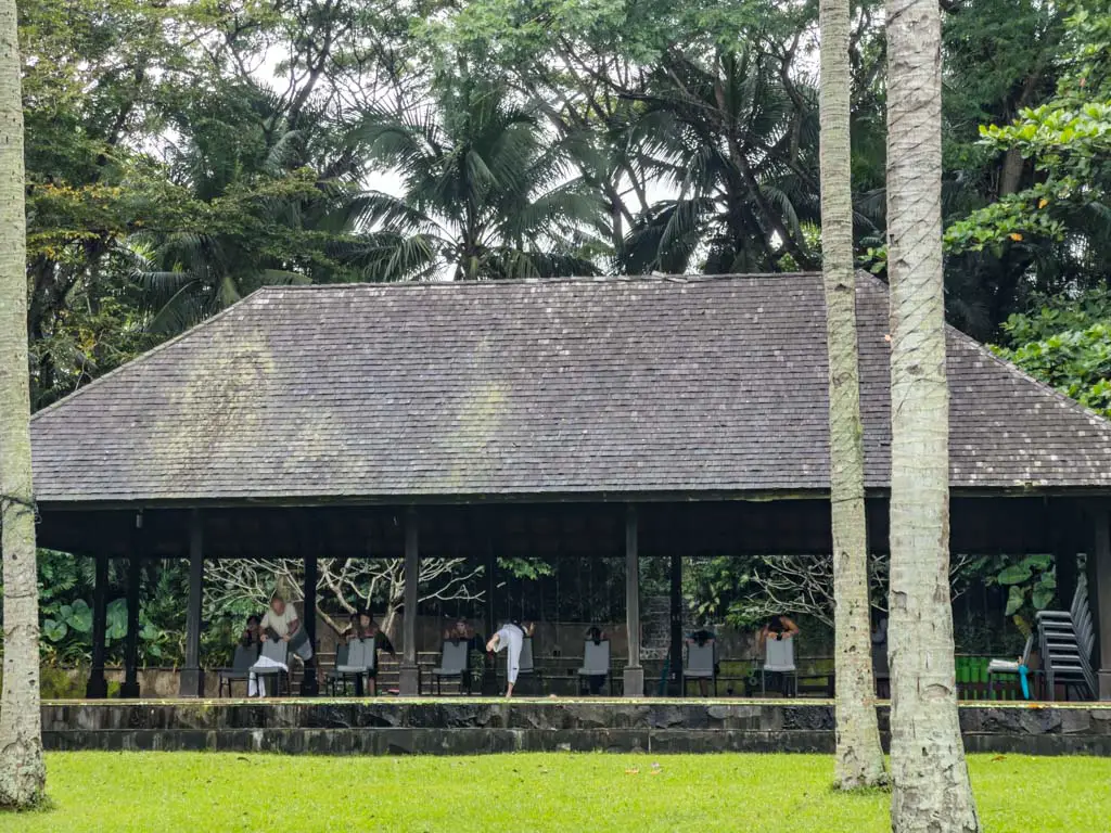 chair yoga at yoga pavilion San Benito Philippines - laugh travel eat