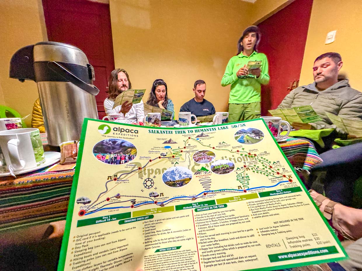 briefing Alpaca Expeditions Salkantay Trek Cusco Peru - laugh travel eat